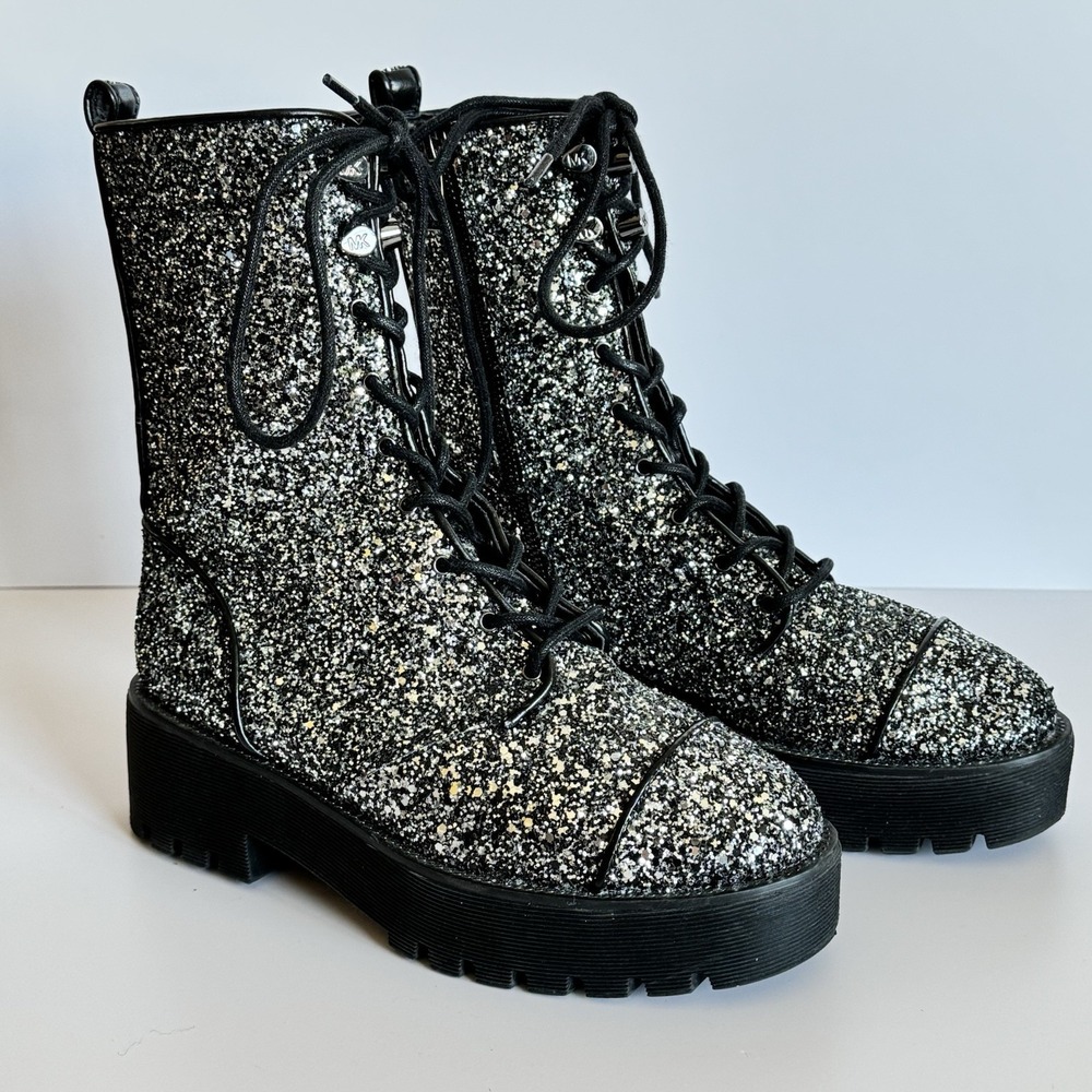 Michael Kors Bryce Lug Sole‎ Platform Combat Boots Glitter Black Women's 8 M